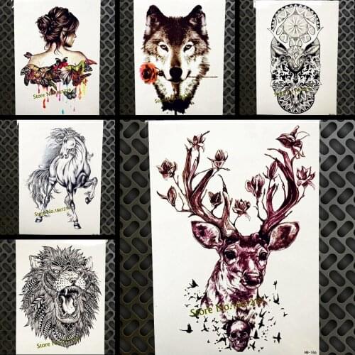 Chic Flash Temporary Tattoos Moose Elk Deer Flower Arm Tatoo For Men Women Body Art Waterproof Skull Bird Henna Tattoo Stickers