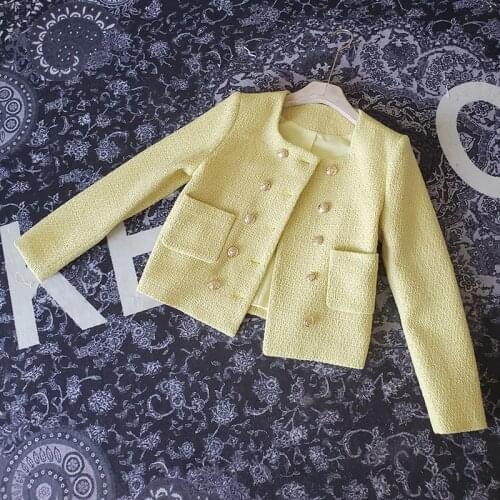 2021 New Product Avocado Yellow Green Color Womens Tweed Double Breasted Gold Button Round Neck Short Small Fragrance Jacket