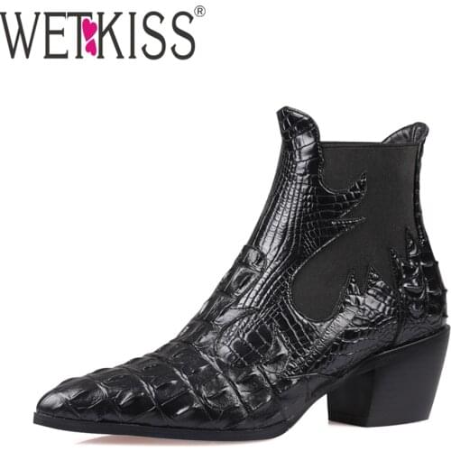 WETKISS Chelsea Ankle Boots Women Crocodile Shoes Pointed Toe Cuban Heels Boots Slip On Chunky Heel Booties Ladies Woman 2020