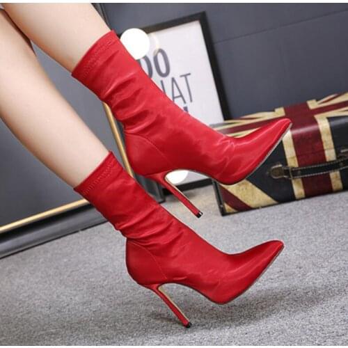 2020 Winter Fashion Women Boots Beige Pointed Toe Elastic Boots Heels Shoes Autumn Winter Female Socks Boots 35-40