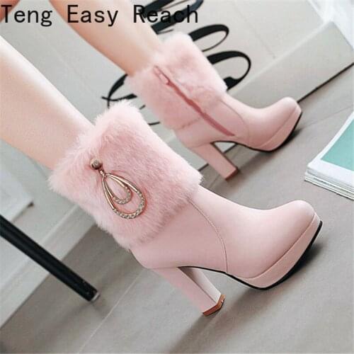 Women Boots Autumn Winter Warm Fur Sweet Butterfly-knot Pendant womens Short boots Plush Thick Heel High-heeled Мартин сапоги