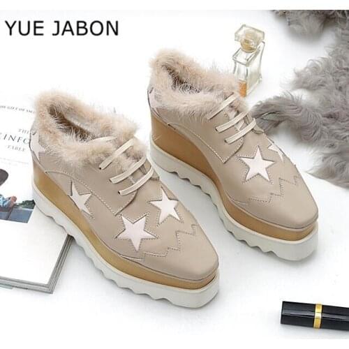2021 Chunky Heels Women Genuine Leather Shoes Fashion Star Platform Sports Casual Shoes Nude Woman Winter Warm Wedges Footwear