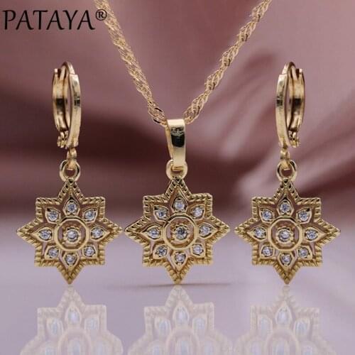 PATAYA New 585 Rose Gold Long Drop Earrings Pendant Anise Star Earrings Necklace Sets Women Natural Zircon Fashion Jewelry Set