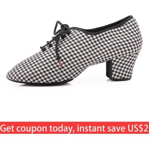 White Black Checks Latin Dance Shoes For Women Cloth Swallow Gird Middle Heel Teachers Shoe Ladies Ballroom Salsa Dance Shoes