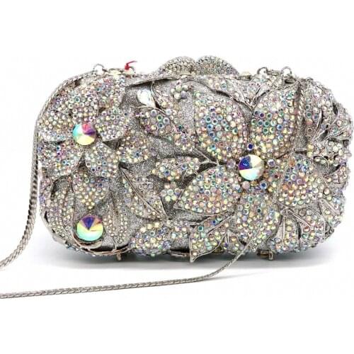 XIYUAN Elegant Flower Minaudiere Silver Evening Bags Clutches Purses For Women Formal Dinner Party wedding Rhinestones Handbags
