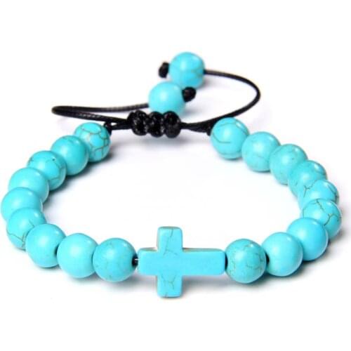 Charm Natural Stone Cross Braided Bracelet Blue Turquoises Stone Beads Bracelet Adjustable for Women Men Prayer Fitness Jewelry