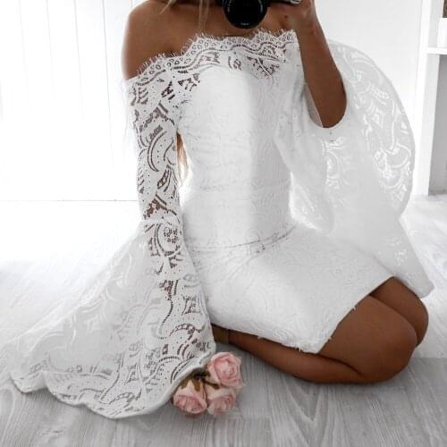 2021 Sexy Off shoulder lace women dress robe Flare sleeve bodycon summer dress Evening party elegant dress vestido de festa Boho