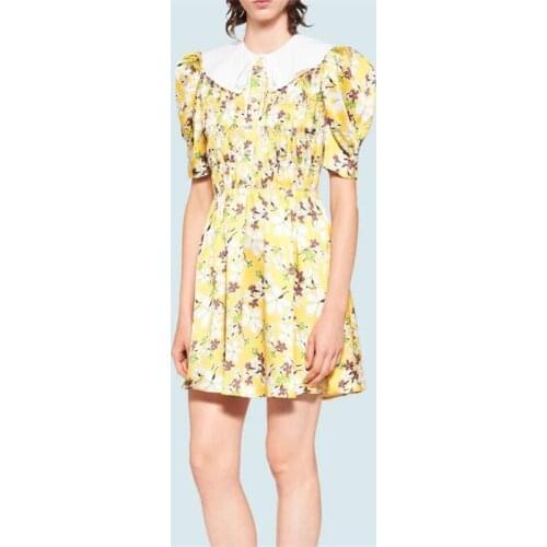 2021 Summer New Sweet Peter pan Collar Puff Sleeve Floral Dress Female Diamond Button Waisted Short A-Line Chiffon Dress Y775