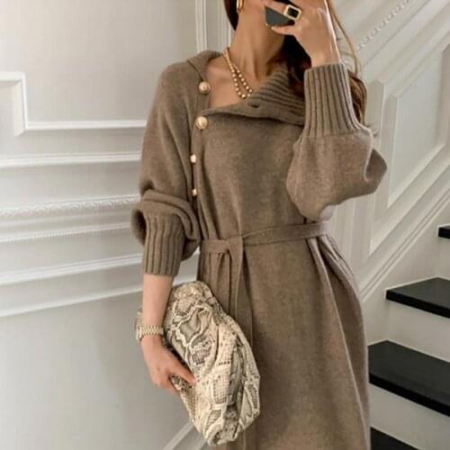 WYBLZ 2021 Winter Turtleneck Knitted Mid-length Dresses Women Elegant Buttons Lace-up Loose Female Sweater Dress Long Vestidos