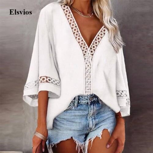 2021 Sexy Deep V Neck Loose Shirt Fashion Elegant Lace Hollow Out Summer Blouse Casual Women Short Sleeve Tops Blusas Streetwear