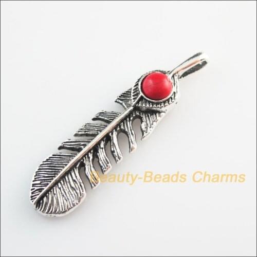 5 New Charms Animal Feather Red Stone Tibetan Silver Pendants Retro 12x48mm