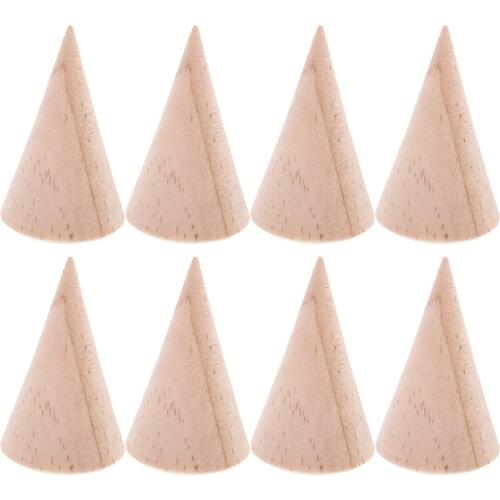 8 Pieces Plain Geometry Cone Shape 5cm Wood Rack Finger Ring Holder Unpainted Wooden Jewellery Display Stand DIY Crafts