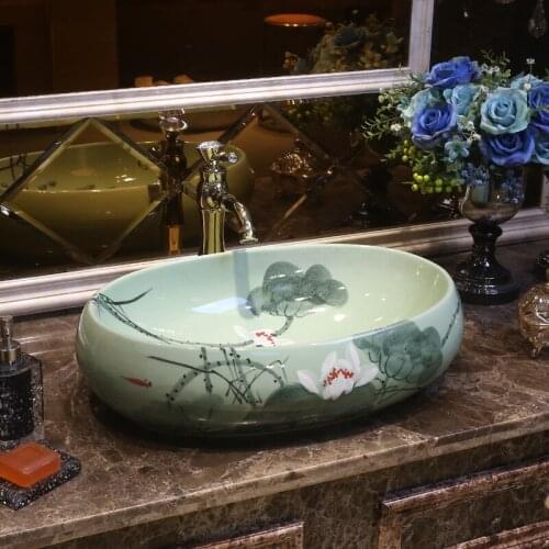 Oval lotus Antique Handmade Europe Vintage Style Lavobo Ceramic Bathroom Countertop ceramic wash basin Bathroom Sink