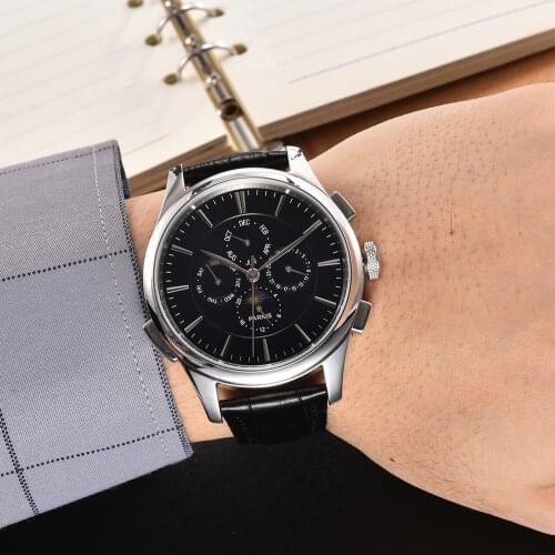 Parnis 44mm Black Dial Automatic Mechanical mens Watch Date indicator week display Moon Phase Wristwatch Men