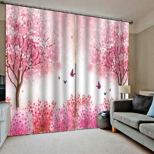Europe Pink Flower Tree Pattern Shower Curtain for living room bedroom blackout Curtains 3D Digital print （Left and right side