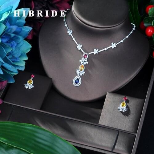 HIBRIDE Hot Sale Multicolor AAA Cubic Zircon Pendant Necklace Earrings Set Fashion Elegant Jewelry Set Women Birthday Gift N-25