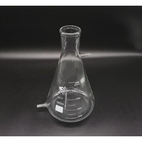 Conical flask,Narrow neck with graduations,with upper and bottom side tube,Capacity 2000ml,Erlenmeyer flask with normal neck
