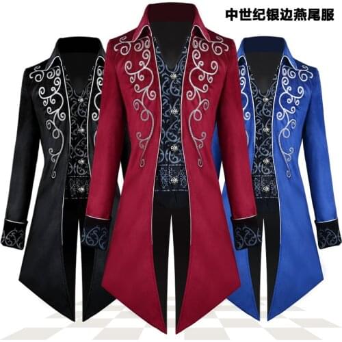 Medieval Cosplay Costume Men Corduroy Steampunk Jacket Coat Embroidery Gentlman Tailcoat Tails Winter Jacket Gothic Black Blue