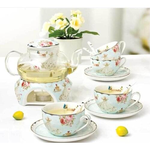 FASHION HOUSEHOLD FLOWER TEA WARE GIFT COFFEE CUPS SET HEATABLE TEA STOVE GLASS TEAPOT CERAMIC COFFEE CUP SAUCER AND SPOON SET