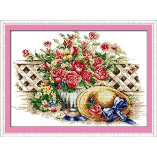 Sweet Flower Hat 14CT 11CT Canvas Cross Stitch Kit 100% Accurate Printed Embroidery DIY Handmade Needle work Wall Home Decor