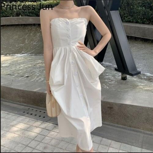 2021 New Women Summer White Holiday Dress Vacation Beach Slash Neck Strapless Tube Top Waist Dress Single Breast One-piece Dress