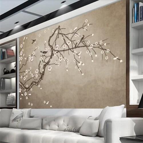 Custom wallpaper new Chinese classical hand-painted white plum bird background wall - mural waterproof material