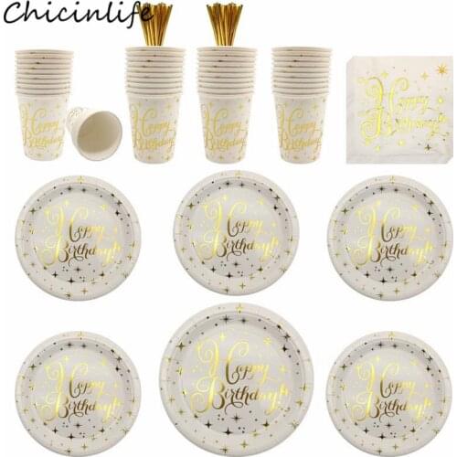 Chicinlife Gold Happy Birthday Disposable Tableware Star Paper Cups Plates Tablecloth Napkins 1st Birthday Party Decor Supplies