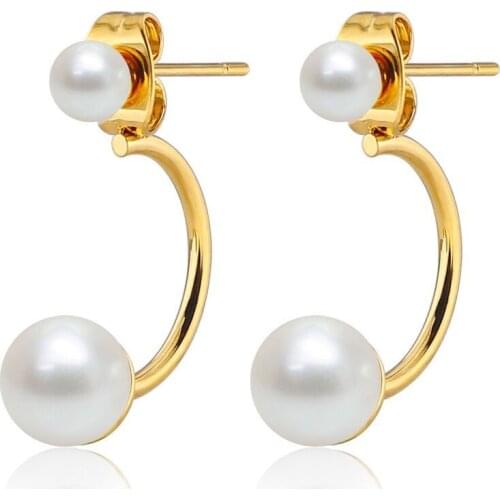 Wholesale Jewelry -- Titanium steel 2 in 1 White Pearl Stud Earrings For Women Gold Color Fashion Jewelry