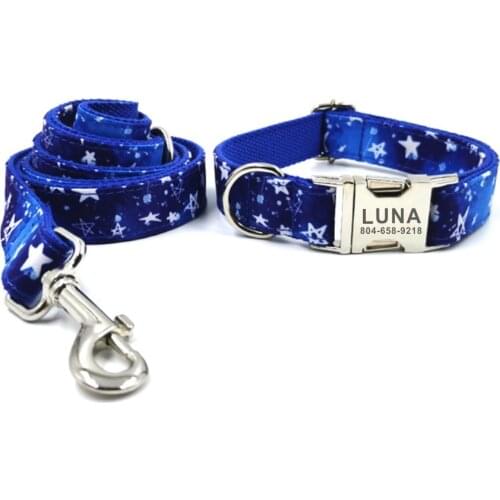 Personalized Stars Pet Collar Custom Puppy Nameplate ID Tag Adjustable Buckle Blue Space Star Basic Collars Leash Set