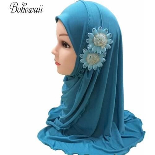 BOHOWAII Kids Hijab for Muslim Girl 2-7years Arabe Instant Hijabs Scarf Flowers Turban Jersey Headwraps Ready to Wear Hijab Cap