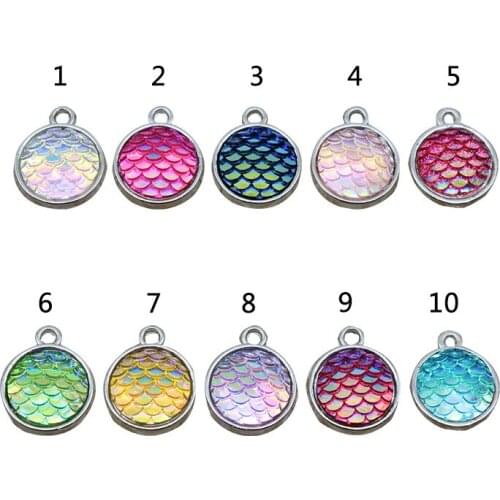 5pcs Vintage Color Round Flat Back Charms 12mm One Side Mermaid Fish Scale Resin Pendant Jewelry Making Necklace Bracelet DIY
