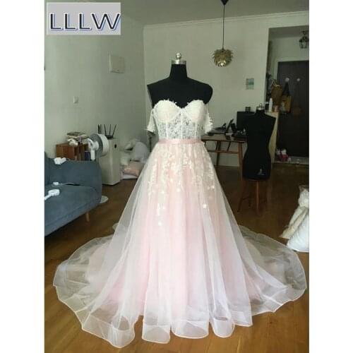Pink Tulle Ivory Lace Sweetheart Floor-Length Princess A-Line Wedding Dresses Chapel Train Custom Made