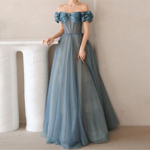 Off Shoulder Blue Princess Dress Gown Long Tulle Wedding Dress Beads Bridesmaid Dress Elegant Evening Gown Custom Made