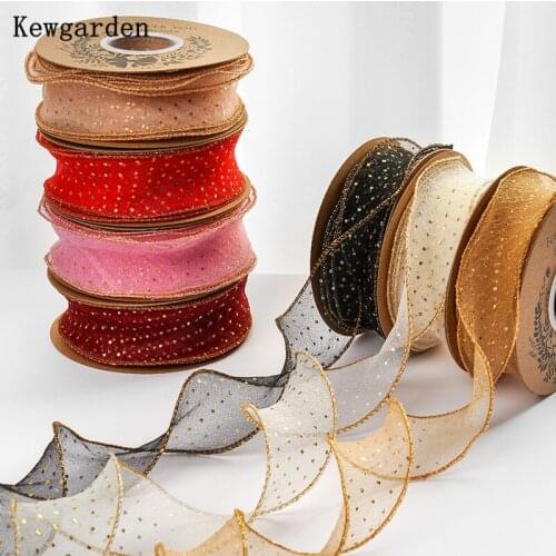 Kewgarden Gold Dot Wave Hemming Folds Voile Ribbon 1-1/2" 4cm Handmade Tape DIY Hairbow Accessories Gift Packing Riband 10 Yards