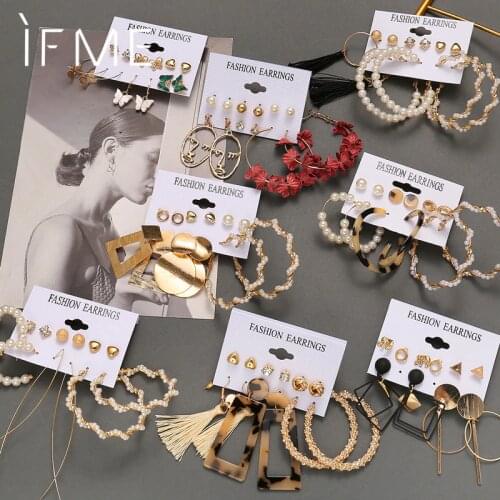 IF ME Vintage Earrings Set for Women Pearl Circle Drop Earring Gold Acrylic Geometric Metal Tassel Butterfly Trendy Jewelry 2021