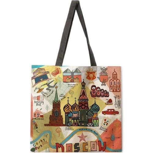 Color painting map travel world famous buildings linen fabric casual tote bag foldable shopping bag reusable beach bag