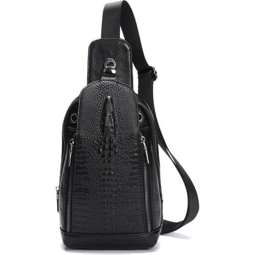 Natural Skin Men Single Back Day Pack Crocodile Pattern Style Cross Body Bag Genuine Leather Shoulder Messenger Chest Bags