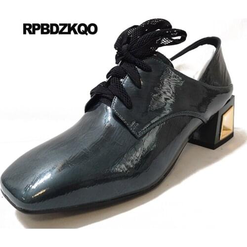 Pumps Lace Up High Quality Designer Shoes Women Square Toe Autumn Block Mules Slipper Fashion Thick Blue Genuine Leather Patent