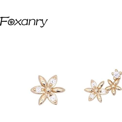 Foxanry Prevent Allergy 925 Sterling Silver Stud Earrings for Women New Trendy Sweet Asymmetry Flower Zircon Bride Jewelry Gifts