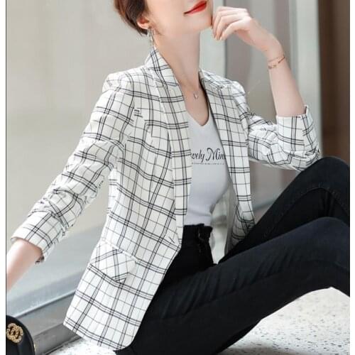 2021 Korean Pink Plaid Suit Coat Fashion Long Sleeve Casual White Blazer Plaid Winter Coat Women Womens Blazers Long Sleeve