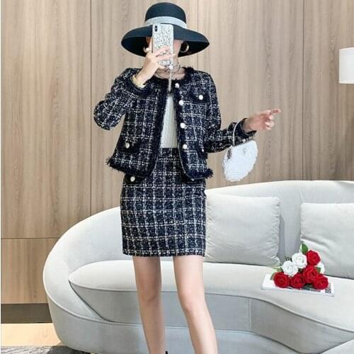 Lady Elegant Office Tweed Two Piece Set Autumn Winter Women Long Sleeve Jacket + A-Line Skirt Suit Work Uniform Outfit
