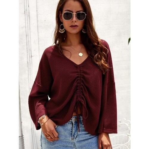 V-neck white black long sleeve sweater Women drawstring sexy thin crop sweater Knitted high fashion 2019 autumn winter jumper