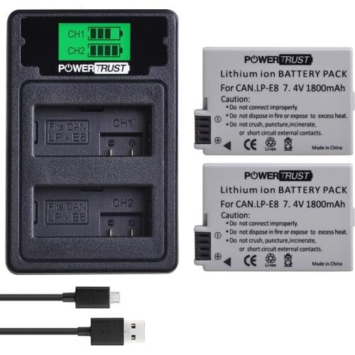 2pcs LPE8 LP-E8 LP E8 Battery+LCD USB Dual Charger with Type C Port for Canon EOS 550D 600D 650D 700D Rebel T2i T3i T4i T5i