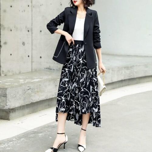 2021 Fashinable Women Set Smal Blazer Jacket Asymmetry Folds Skirt 2 Pieces Skirt Suit Female Casual Office Ladies Skirts Suit