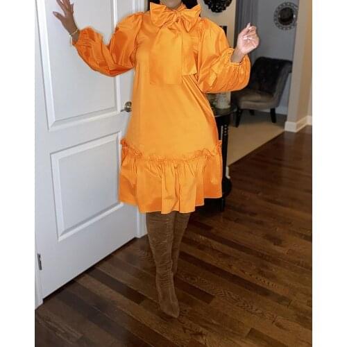 2021New Large Size S-3XL O Neck Lace Up Tie Bow Lantern Sleeve Women Modest Dress Green Loose Large Size Casual Ruffled Dress