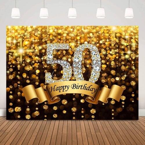 50th Birthday Golden Backdrop Glitter Bokeh Happy Fifty Birthday Custom Background Party Decoration Adult Portrait Photo Studio