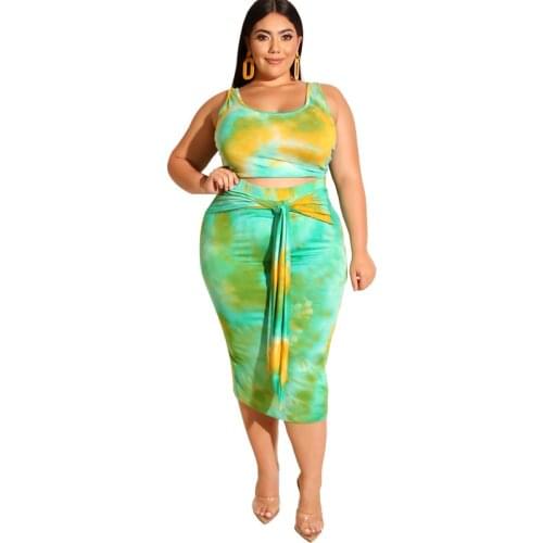 DOIB Plus Size Two Piece Dresses Women Outfits Sexy Style Tie Dye Printed Tight fitting Bag Hips Large Size 2 Piece Suit 5XL