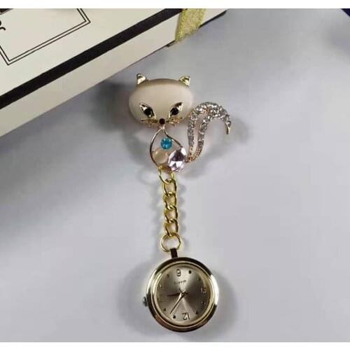 Fox Design Nurse Pocket Watch Hanging Watch Pocket Watch Rhinestone Inlaid Brooch Pin Watch Decor (Golden)