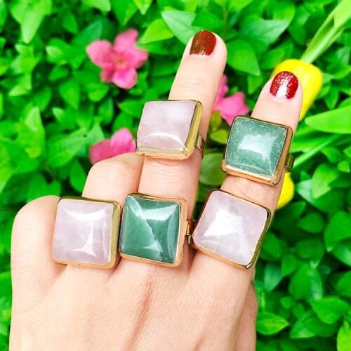 Say Pure Handmade Natural Stone Green Aventurines Rings Pink crystal Rose QuartzTemperament Female Cuff Rings Adjustable
