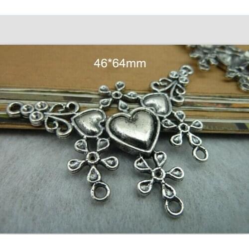 Large Size Heart Connectors With 5 Loops 46*64mm Antique Silver Tone,Jewelry Project Metal Findings - Free Shipping 15 PCS